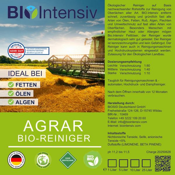 starker BIO-Reiniger, für Landwirtschaft und Bauernhöfe. materialverträglich, dermatologisch sicher, kennzeichnungsfrei, ökologisch, gegen Umweltschmutz, Fette, Algen, Flechten, Pilze, Öle, maschinen- und robotertauglich, Zulassung Öko-Landbau