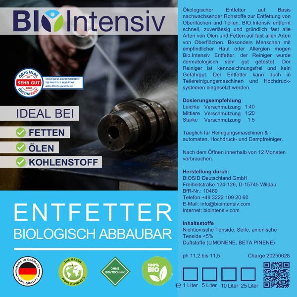 starker Fettlöser für Industrie und Gewerbe, gegen Öle und Fette, Reifenabrieb und anderen Schmutz auf Oberflächen aller Art. dermatologisch sicher, kennzeichnungsfrei, maschinentauglich, einsetzbar in Teilereinigungsmaschinen.