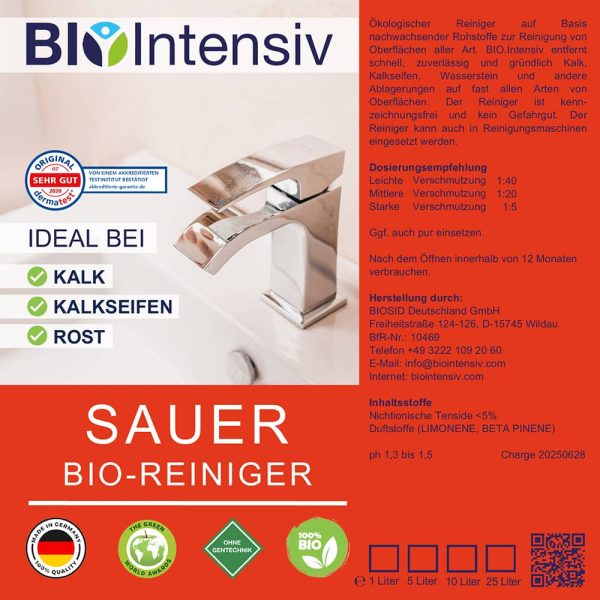 starker BIO-Reiniger, SAUER für Sanitär und Bad, gegen Kalk, Kalkseifen, Urinstein, Wasserstein und anderen Schmutz auf Oberflächen aller Art. kennzeichnungsfrei, maschinentauglich,