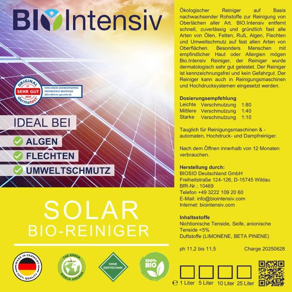 starker BIO-Reiniger, für Solaranlagen aller Art. materialverträglich, dermatologisch sicher, kennzeichnungsfrei, ökologisch, gegen Umweltschmutz, Algen, Flechten, Pilze, Öle, maschinen- und robotertauglich,